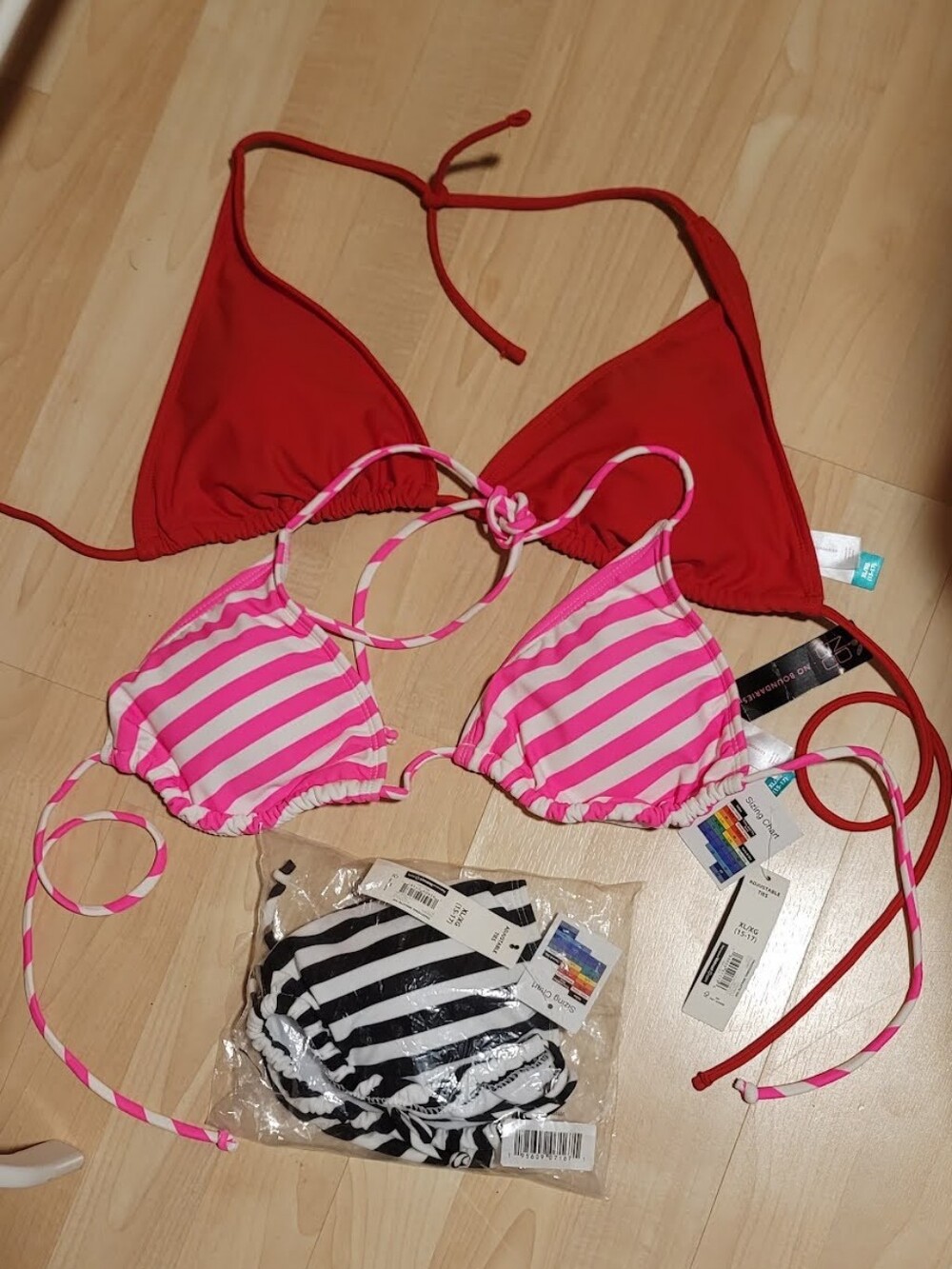 No Boundaries Girls' Red,Pink Striped & Black Striped Triangle Swim Top Set